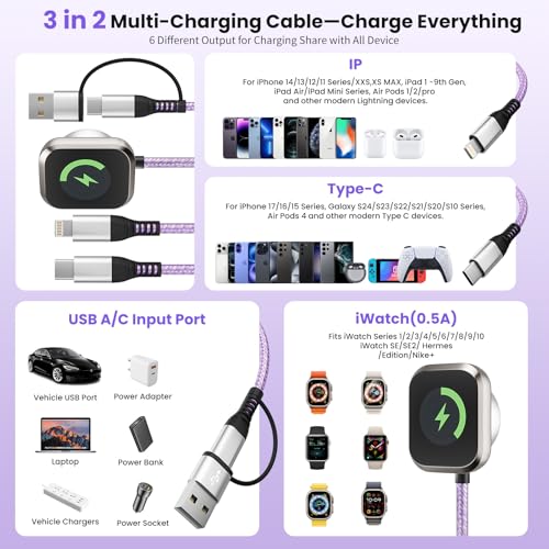 Jogrytece 5FT BYX-iWatch-Purple 3 in 2 USB Type A+C Multi Charging Cable