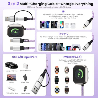 Jogrytece 5FT BYX-iWatch-Purple 3 in 2 USB Type A+C Multi Charging Cable
