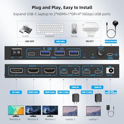 DXchip 5.91in x 3.15in x 1.18in KVMC213DH2 Manual 2-way Push Button KVM Switch USB-C 100W PD Black