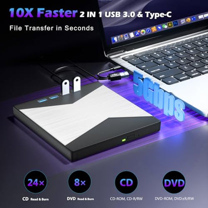 Wbacon 7 in 1 External DVD CD Drive USB 3.0 Type C for Laptop & PC