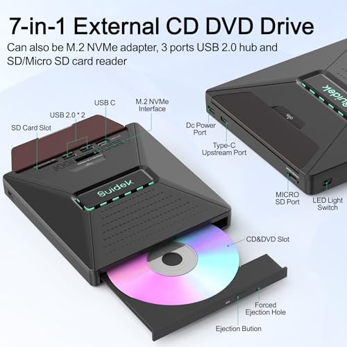 SUIDEK External 7-in-1 CD/DVD Drive F05 USB 3.0 24x Portable Optical Drive