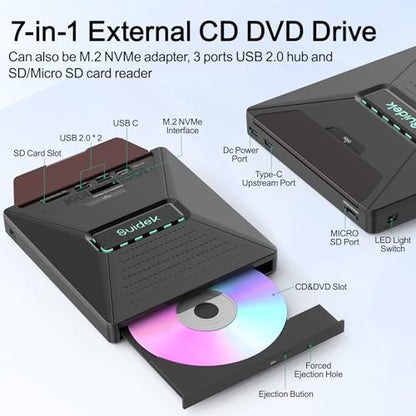SUIDEK External 7-in-1 CD/DVD Drive F05 USB 3.0 24x Portable Optical Drive