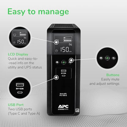 APC 1500VA BR1500MS2 Uninterruptible Power Supply 900 Watts 120 Volts Tower UPS