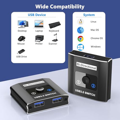 Movcle USB 3.0 Switch, Bi-Directional USB Switcher, 5 Volts, 1 Amps, Normally Closed, Push Button, 2-way, IP20, RoHS Compliant