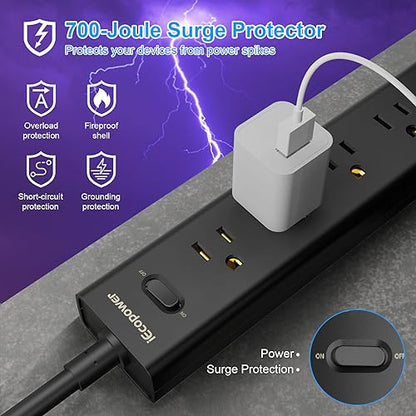 IECOPOWER 10.3" x 1.97" Power Strip Model WD-R1203U 125V 10A 5 Outlets with 3 USB Ports