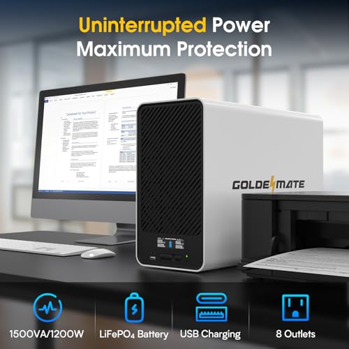 GOLDENMATE 1500VA/1200W Lithium UPS Battery Backup, 8 Outlets, Line Interactive
