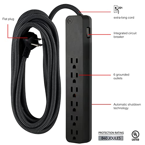 GE 6-Outlet Surge Protector with 20 Ft Braided Extension Cord, 240 Volts, 840 Joules Surge Rating, Model 62943