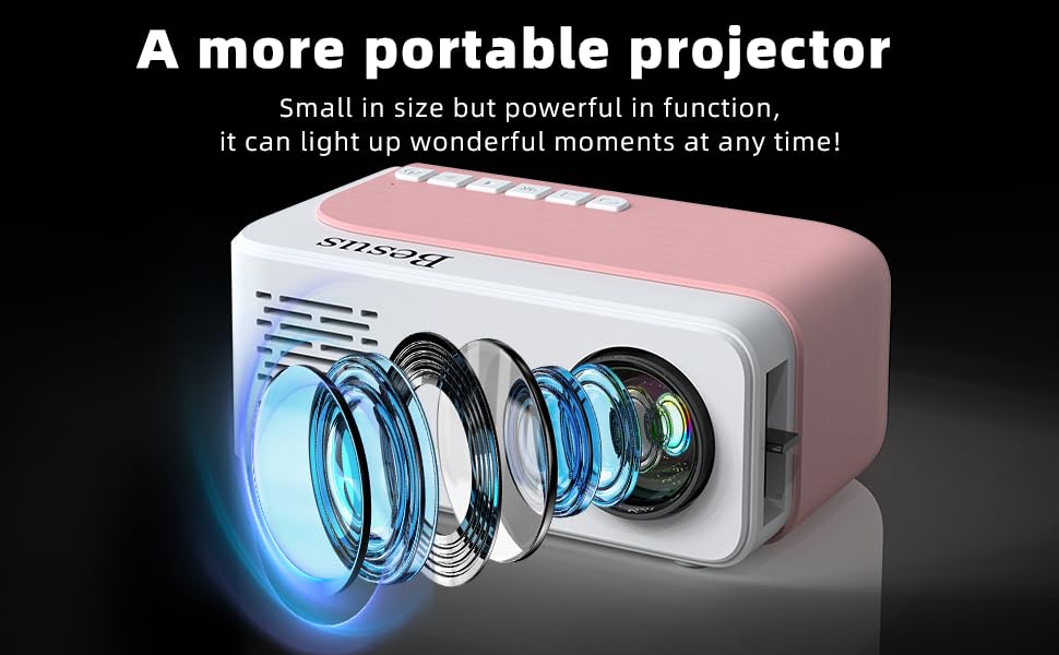AudonMax Mini Projector 1080P LCD Portable Tabletop Mount Pink