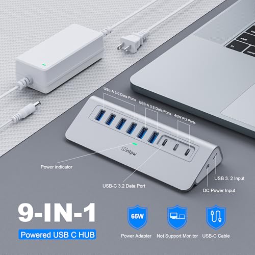 intpw 9 Port USB Hub USB 3.2 Fast Charging 10Gbps Powered Aluminum Model YH6AC