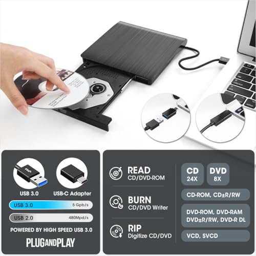 ROOFULL Portable External CD DVD Drive ECD819-SU3 USB 3.0