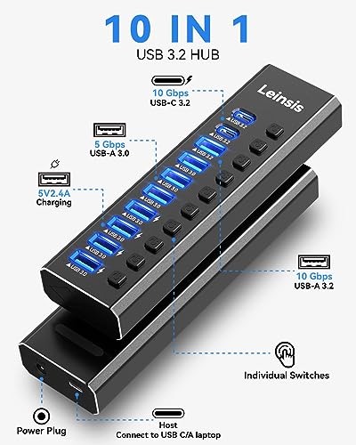 LEINSIS 10-Port Powered USB Hub KZW-U10217B