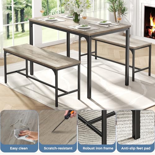 DUMOS 3PCS DUZYT Dining Table Set for 4 with Bench, Grey