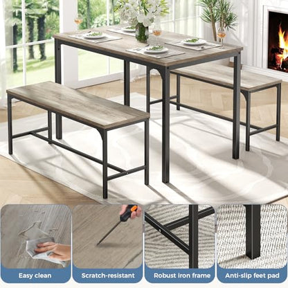 DUMOS 3PCS DUZYT Dining Table Set for 4 with Bench, Grey