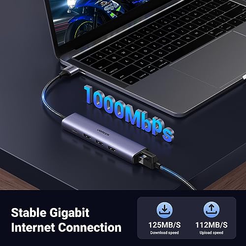 UGREEN 5-Port USB Hub with Gigabit Ethernet RJ45 3x USB 3.0 Ports, Aluminum Enclosure, Compatible with Windows, Mac OS, Linux, and Chrome OS
