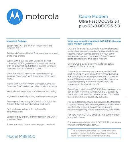 Motorola 1-Port MB8600 Cable Modem 3.8Gbps Ethernet Connectivity