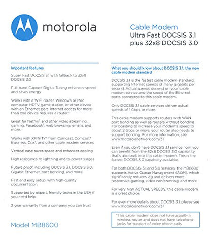 Motorola 1-Port MB8600 Cable Modem 3.8Gbps Ethernet Connectivity