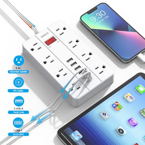 SMNICE 8 Outlets 6 USB Ports 125 Volts Power Strip Model 1 Type B