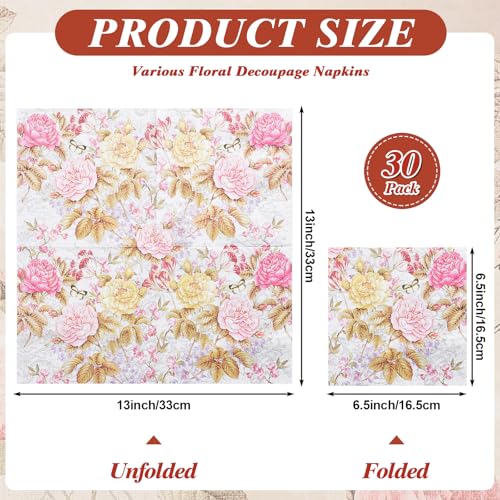 NatNarr 30 Pack Decorative Craft Napkins, 13*13 Inch, Assorted Floral Designs, G7227K-11-N