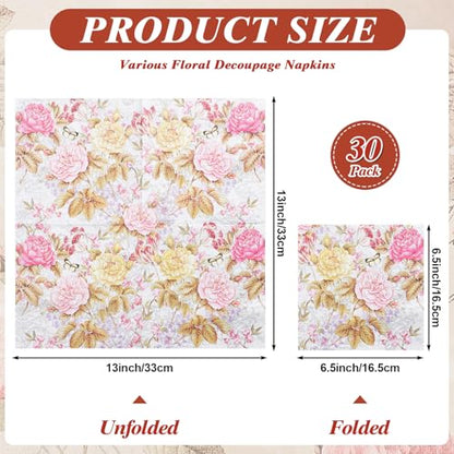 NatNarr 30 Pack Decorative Craft Napkins, 13*13 Inch, Assorted Floral Designs, G7227K-11-N