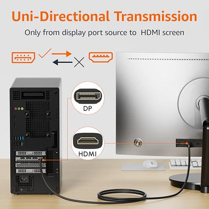 Amazon Basics 6 ft DisplayPort to HDMI Cable, Model HL-007263, Supports 1920x1200 Resolution at 30Hz, Male-to-Male Connector