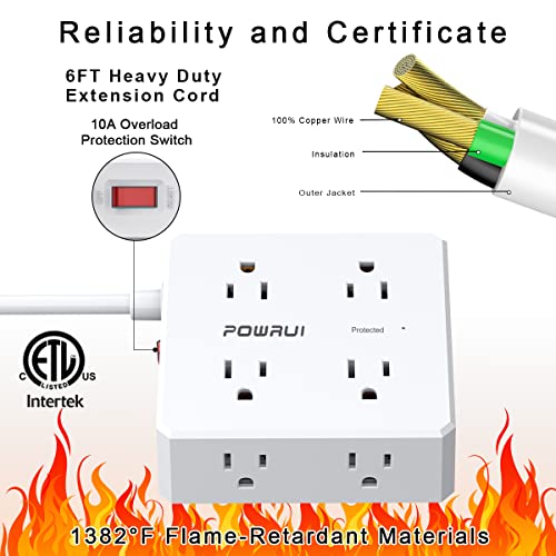 POWRUI 6 Ft AHR-803B Surge Protector Power Strip 8 Outlets 4 USB Ports 125 Volts White