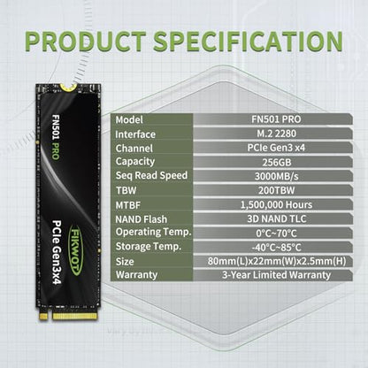Fikwot FN501 Pro 256GB M.2 2280 PCIe Gen3 x4 Internal Solid State Drive