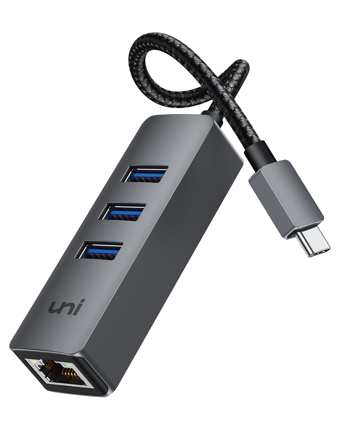 uni USB C Ethernet Hub UHUB01 5Gbps 5"x2.3"x0.66" Grey