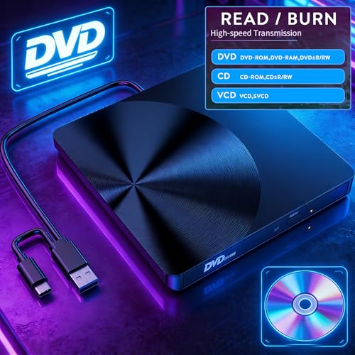 BRIGHTSHOW Semicircle 24X External CD/DVD Drive USB 3.0 Type A & C - Black - Slim