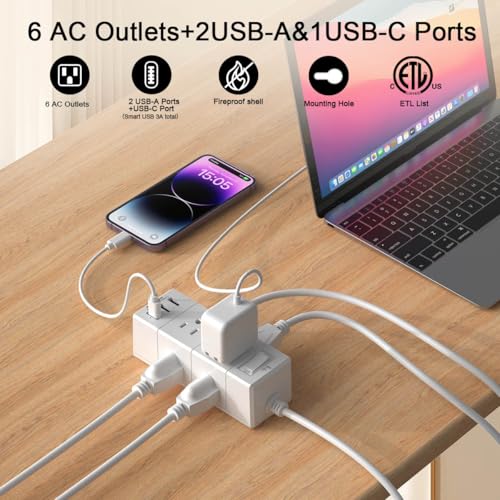Tcstei 5 Feet Extension Cord PW-401A 6 AC Outlets 3 USB Ports