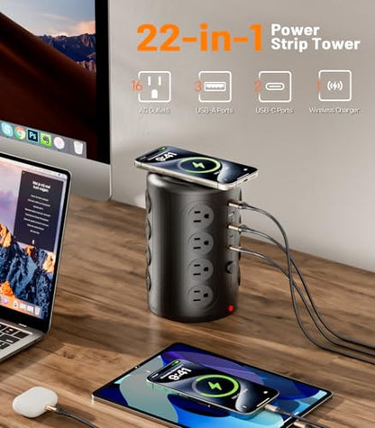 TenTrend 16 Outlets Power Strip Tower with 5 USB Ports, 15 Amps, Type B Plug, 2000 Joules Surge Protection, Black