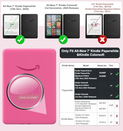 MoKo Case 7" Kindle Paperwhite 12th Gen. and Colorsoft 1st Gen. Auto Sleep/Wake Magnetic Detachable Stand A-Raspberry