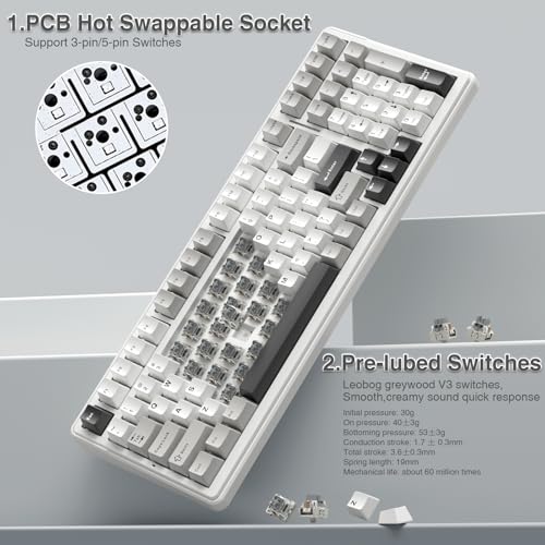 AULA F99 99-keys Wireless Mechanical Keyboard QWERTY 2.4GHz/BT5.0/USB-C Linear Switch, Black&Grey&White