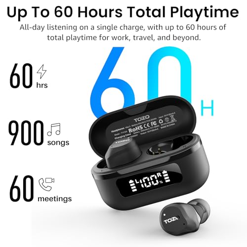 TOZO NC9 Hybrid Active Noise Cancelling Wireless Earbuds, Bluetooth 5.3, 60 Hours Playtime, IPX8 Waterproof, 6 Microphones for Clear Calls