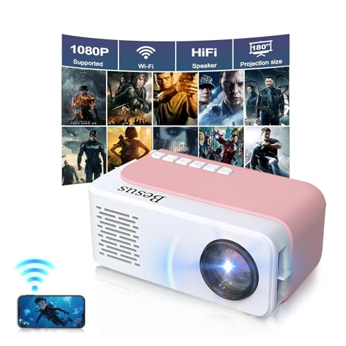 AudonMax Mini Projector 1080P LCD Portable Tabletop Mount Pink