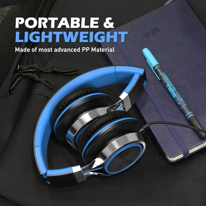 AILIHEN C8-003 Wired On-Ear Headphones with Microphone, Volume Control, 32 Ohm Impedance, 20Hz - 20KHz Frequency Response, Sound Isolation, 3.5mm Jack, Lightweight Design, Collapsible, Black Blue