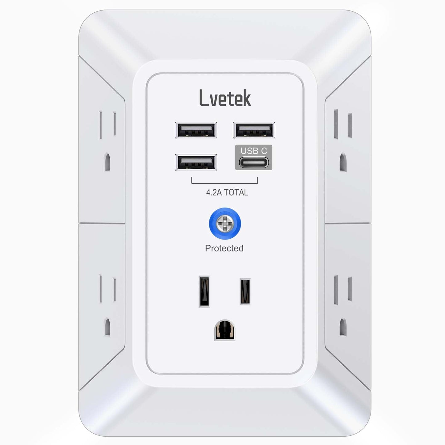 Lvetek 5 Outlet Extender QF-519F 125 Volts 15 Amps USB Wall Charger