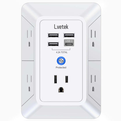 Lvetek 5 Outlet Extender QF-519F 125 Volts 15 Amps USB Wall Charger