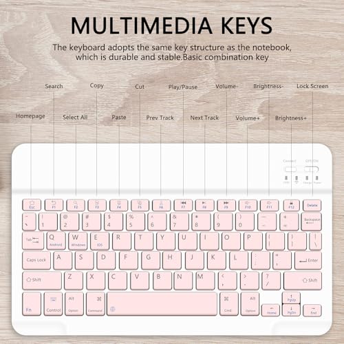 TopPerfekt Adjustable Wireless Tablet Keyboard with Stand, Bluetooth, QWERTY Layout, Pink