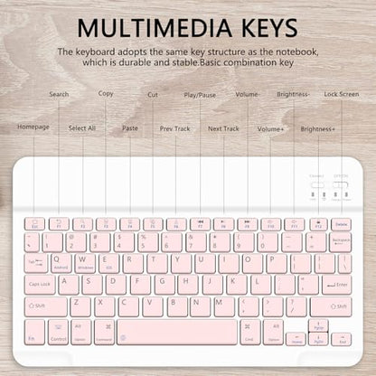 TopPerfekt Adjustable Wireless Tablet Keyboard with Stand, Bluetooth, QWERTY Layout, Pink
