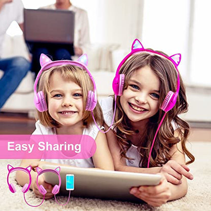 Olyre K06 Cat Ear Kids Headphones, 85dB Volume Control, On-Ear, Wired, 30mm Dynamic Driver System, Water Repellent, Purple