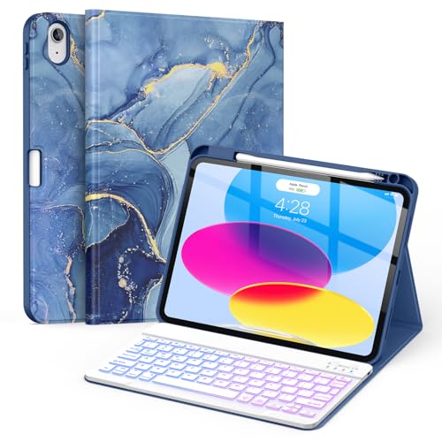 Soke iPad 10th/11th Generation Keyboard Case Model A2696/A2757/A2777/A3162 with Wireless Bluetooth Connectivity, Mechanical Switches, Ambidextrous Hand Orientation, Ocean Marble Color