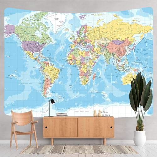 ICTEISOM 60" x 40" Tapestry Wall Hanging, Educational World Map, Fabric, Indoor Use, Rectangular, Unframed, Blue