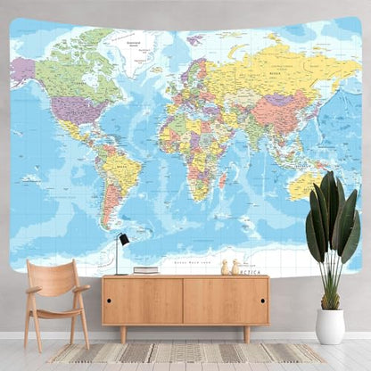 ICTEISOM 60" x 40" Tapestry Wall Hanging, Educational World Map, Fabric, Indoor Use, Rectangular, Unframed, Blue