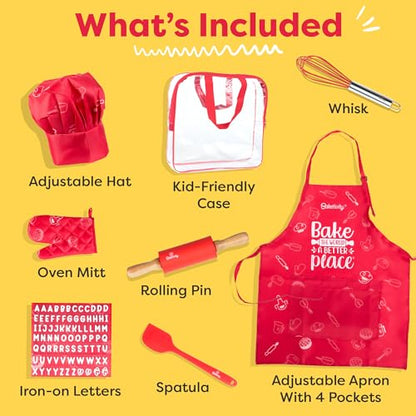 Baketivity Chef Hat and Apron Set for Kids One Size Adjustable Durable Fabric Kitchen Cooking Kit