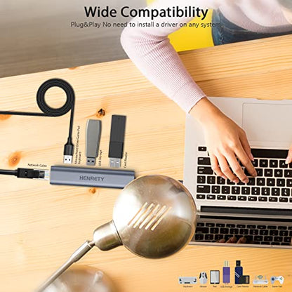 HENRETY USB C to RJ45 Hub, 4-in-1 USB 3.0, 1000 Mbps, Aluminum, Computer Networking Hubs