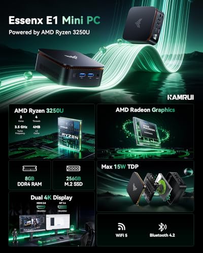 KAMRUI Mini PC E1 3250U 256GB SSD 16GB RAM 4096x2160 60Hz Integrated