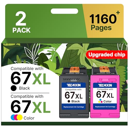 TECKKIN 67XL Ink Cartridges Black and Tri-color Combo Pack, 1150 Pages Yield, for HP Printers