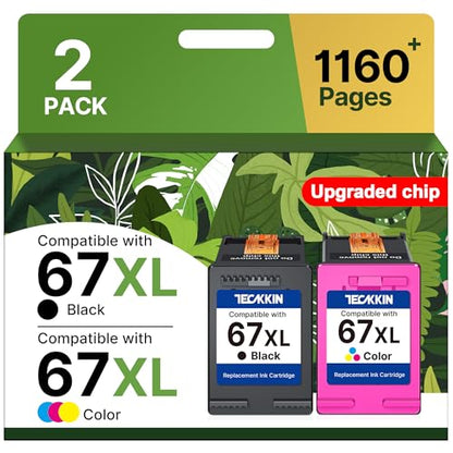 TECKKIN 67XL Ink Cartridges Black and Tri-color Combo Pack, 1150 Pages Yield, for HP Printers