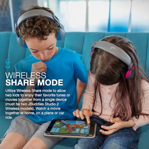 JLab JBuddies Studio 2 Wireless Headphones - Model HBKSTU2RGRYBLU122 - 65+ Hour Battery Life - On-Ear Design - Adjustable - Volume Limiter - Noise Isolation - Grey/Blue