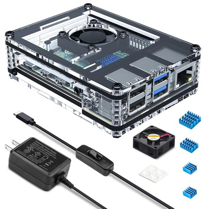 Miuzei Raspberry Pi 4 Case MC04-4L-F Clear Acrylic with 30mm Fan and Power Supply